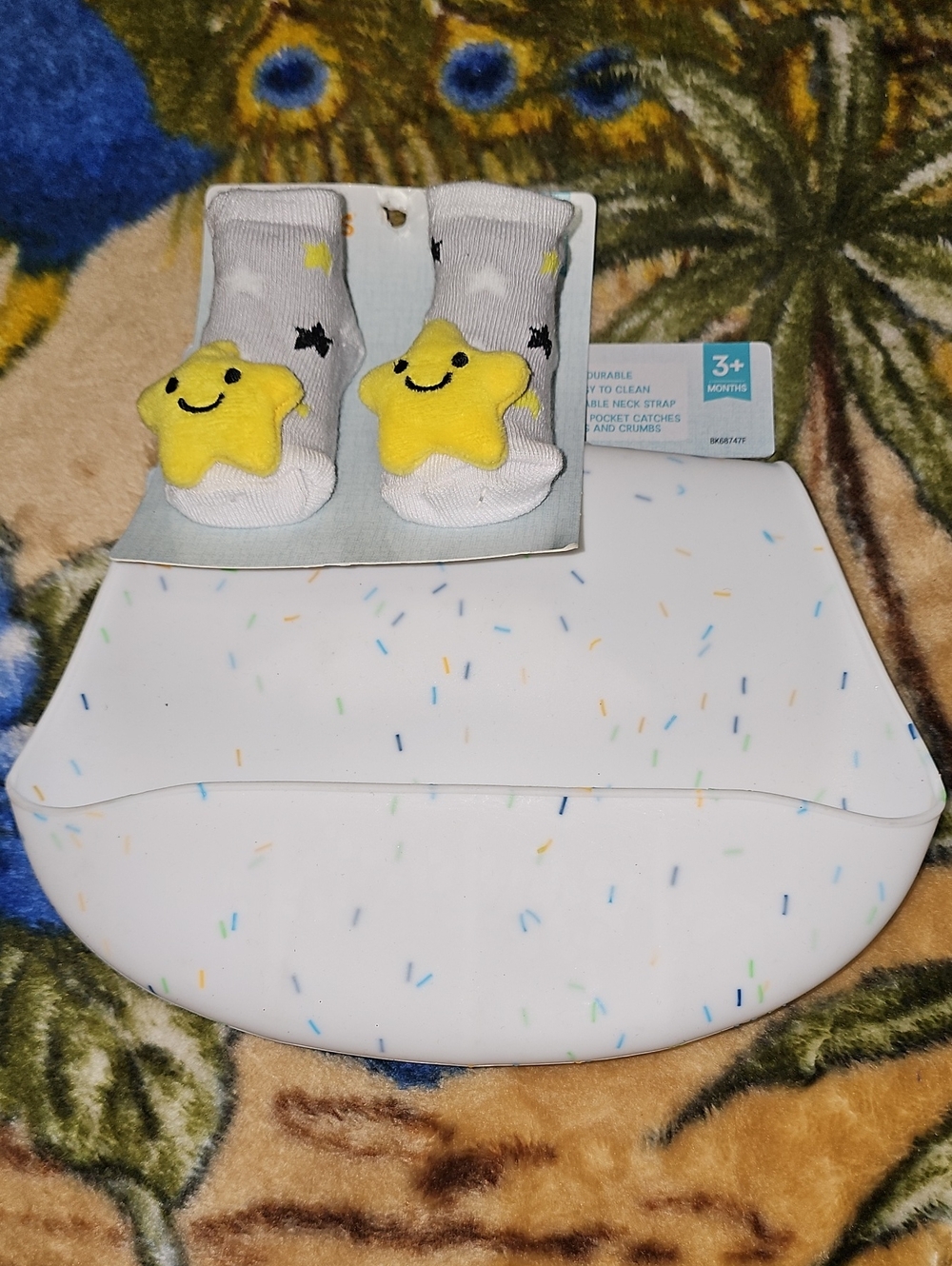 Baby Silicone Catch-All Bib with Star Socks - White with Yellow & Blue Confetti